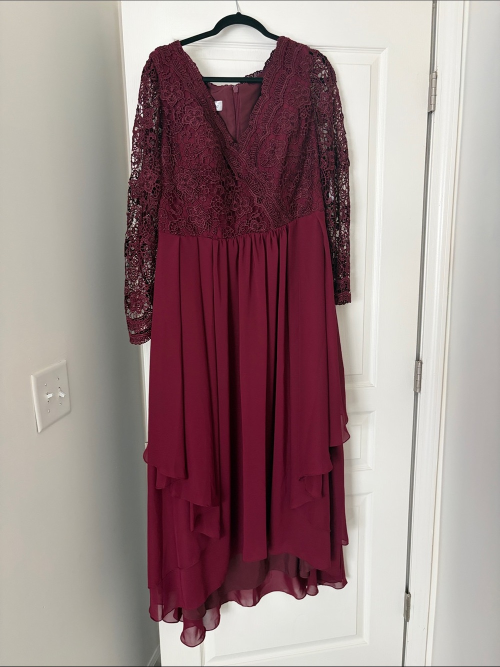 JJs House Burgundy Lace High-Low Evening Dress